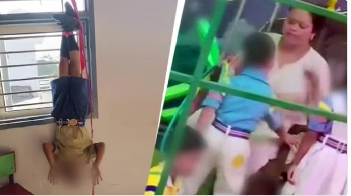 गृहपाठ न केल्यामुळे शाळकरी मुलाला उलटे लटकून मारहाण!