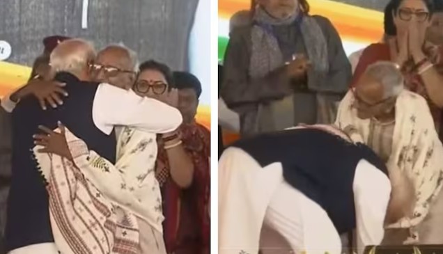 ९८ वर्षीय माखनलाल यांच्या पायाला मोदींनी केला स्पर्श, दिले आलिंगन…