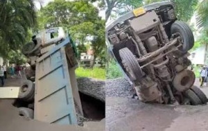 नाशिकमध्ये रस्ता अचानक खचला; डंपर १० फूट खोल खड्ड्यात